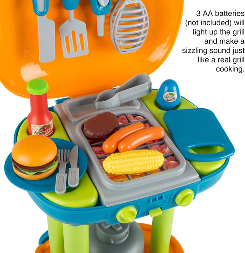 BBQ Grill Toy Set - Interactive Play Kitchen Set with Lights, Sounds, Wheels, Toy Food, and Cooking Accessories