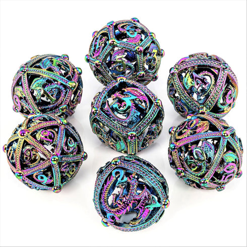 Set Set Metal DND Dice - Unique Round Hollow Orb Design for Better Rolling - Beautiful Dragon for Role Playing Games
