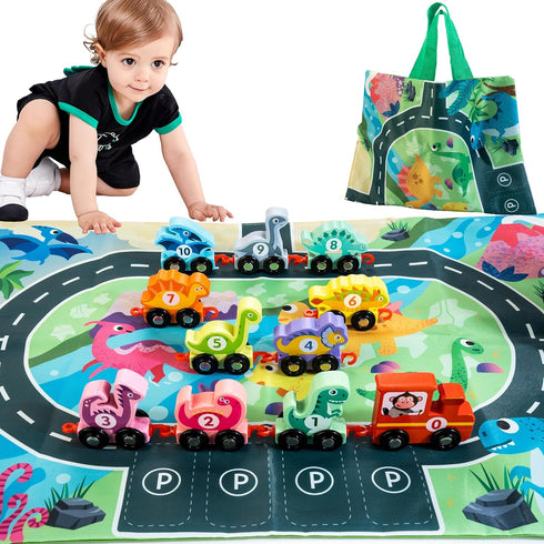 HELLOWOOD Dinosaur Toys for Toddlers Age 2-4, Wooden Dinosaur Train Set with Playmat and Storage Bag