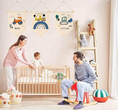 GEANHIL -Set 3 Transport,Construction,Vehicle Construction,Truck Nursery Decor-Flag Decor Gift for Baby Boys Newborn