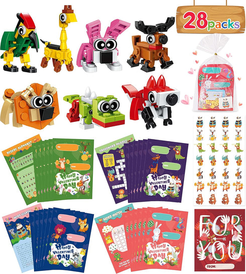 Valentines Day Gifts for Kids Classroom, 28 Packs Animal Building Blocks with Cards and Stickers for School Party Favors
