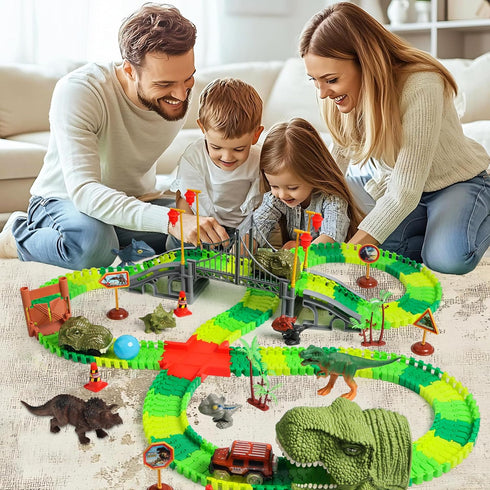 3 4 5 6 7 Set Dinosaur Track Race Car Toys - Birthday Toys Gifts for Year Old Boys Girls - Flexible Dinosaur Track Car