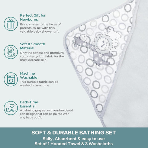 3 (Pack 3) Spasilk Baby Bath Hooded Terry Towel with Washcloths, Baby Bath Essentials, One Size, Gray Lion