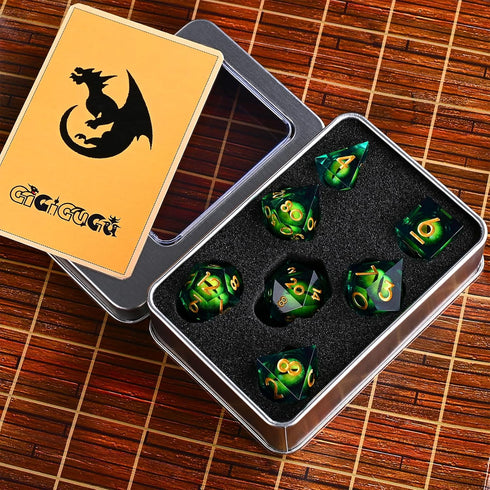 DND Resin Dragon Eye Dice Set, 7pcs Polyhedral Liquid Core Sharp Edged Dice Set with Gift Box for RPG & Role Playing