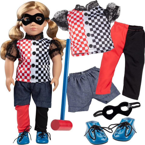 Harley Quinn Inspired Doll Outfit (7pc Set) - Super Hero Clothes for American Girl Doll - Gift Set for Girls