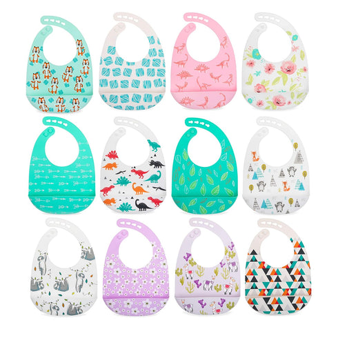 2 Pack Nuby Adjustable Easy Clean Soft Silicone Bibs with Scoop, Pink Dinosaurs & Flowers
