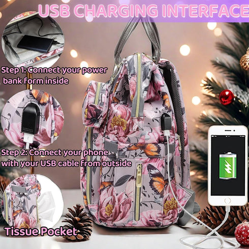 Backpack Backpack Floral Diaper Bag with Coin Bag USB Charging Port Stroller Straps and Insulated Pocket,Travel Nappy