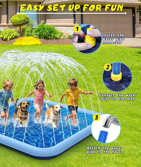 127"- 90.5" Summer 3 EPN Splash Pad, Size Extra Large Sprinkler Play Mat for Dogs & Kids, Thicker Wading Pool Outdoor
