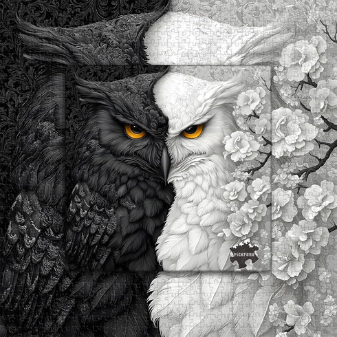 PICKFORU 1000 Yin Yang Owl Puzzle for Adults PiecesBlack and White Puzzles Owl Flowers, Impossible Difficult Hard Bird