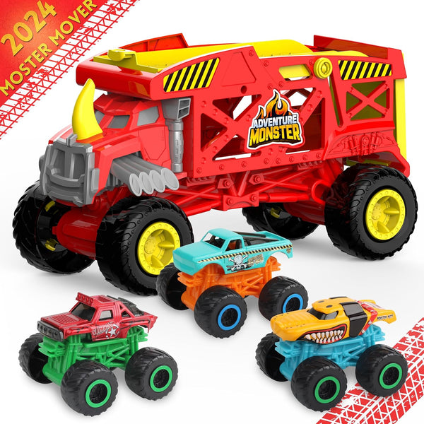 4-in-1 Monster Truck Transport Carrier Playset - Red Mover Rhino Toy Cars Hauler Set for Kids 3+