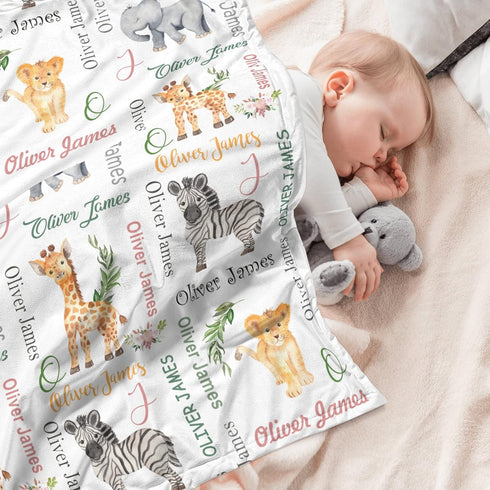 Novusopt Monogrammed Personalized Baby Blanket Safari with Name Custom Animal Receiving Blanket for Boy