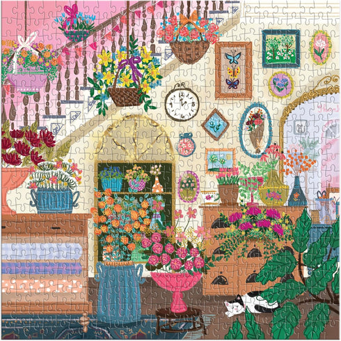 Galison Joy Laforme Flower Shop – 500 Piece Unique House Shaped Puzzle with Dreamy and Springtime Artwork of A Cozy Flower Shop