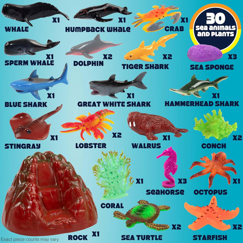 Set (30PCS) Playset Ocean Animal Toy Figures Marine Life Sea Creatures with Sharks, Dolphins, Turtles, Crabs & More
