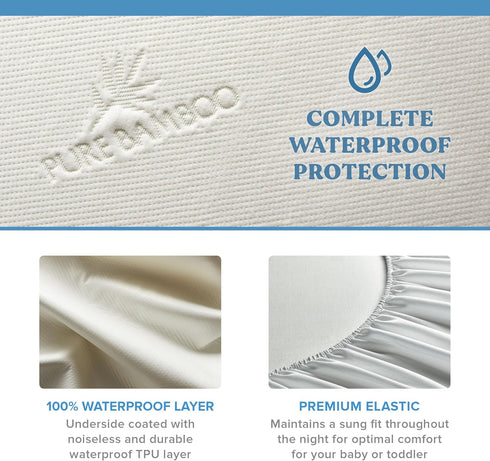 52x28x6 inch Bamboo Crib Mattress Protector by Pure Bamboo, Waterproof - Breathable, Noiseless Mattress Cover Pad