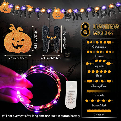 Halloween Happy Birthday Banner with Pumpkin Decorations, 8 Modes LED String Lights for 1st Kids Birthday Supplies