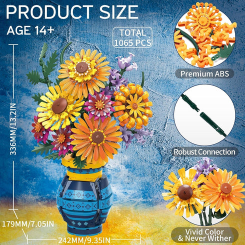 Set, 1065 Sunflower Bouquet Building Blocks w/ Vase PCS Botanical Collection, Birthday Gifts for Mom Women Grandma