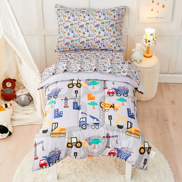 lasoftan Construction Toddler Bedding Set for Boys, 4 Piece Bed-in-a-Bag Toddler Comforter Sets,