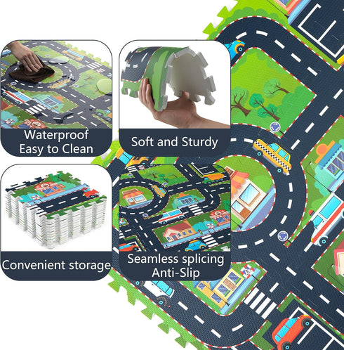 12 Foam Play Mat for Baby, Interlocking Foam Tiles, City Road Track Puzzle Mat Pieces