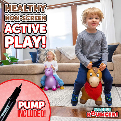 WADDLE Bouncy Hopper Inflatable Toy, Hopping Animal for Toddlers and Kids, Pump Included, Brown Horse