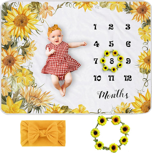 Sunflower Baby Monthly Milestone Blanket, Floral Newborns Month Blanket Gift with Wreath & Headband