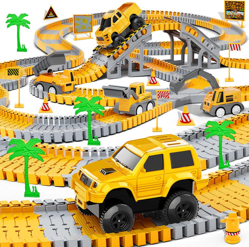 253 PCS Construction Race Tracks Toy for 3-8 Year Olds, 5 PCS Truck Car and Flexible Track Play Set