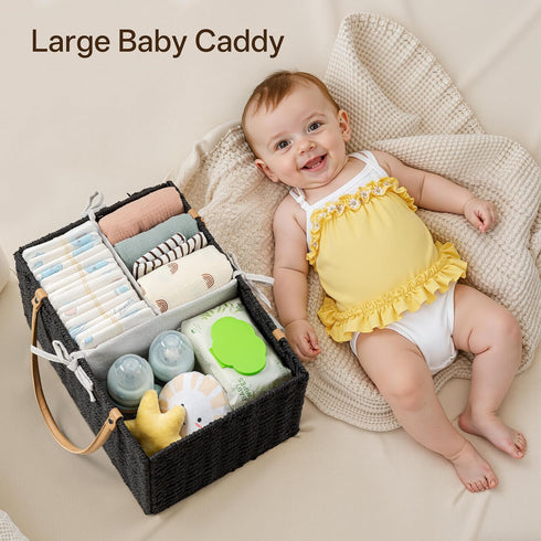 Angelhood Large Paper Rope Diaper Caddy, Baby Essentials Organizer, Portable Baby Shower Baskets Gift Bin, Car Storage