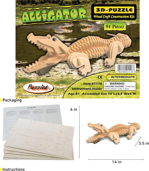 Puzzled 3D Puzzle Alligator Wood Craft Model Kit, Fun Educational DIY Wooden Toy, 94 Pieces
