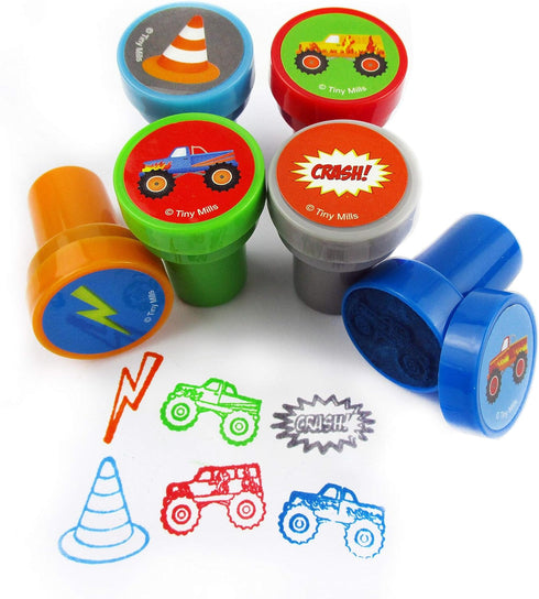 TINYMILLS 24 Pcs Monster Truck Assorted Stamps for Kids - Self Ink Stamps for Birthday Party and Classroom Rewards