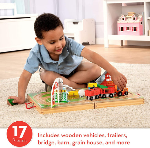 17-Piece 4 1+ Melissa & Doug Wooden Take-Along Tabletop Farm, Farm Vehicles, Play Pieces, Barn, Grain House Take-Along