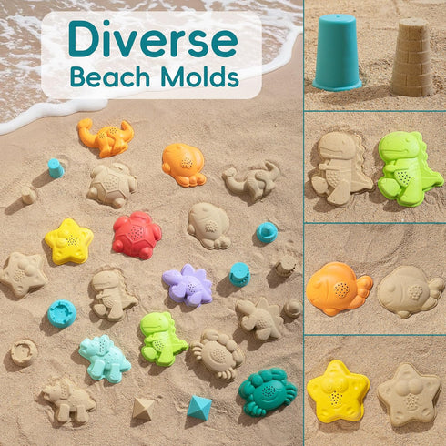Set 17 Set) Sawaruita Beach Toys for Kids - Sand Toys Includes Collapsible Bucket Shovel and Mesh Bag PCS, Toddlers