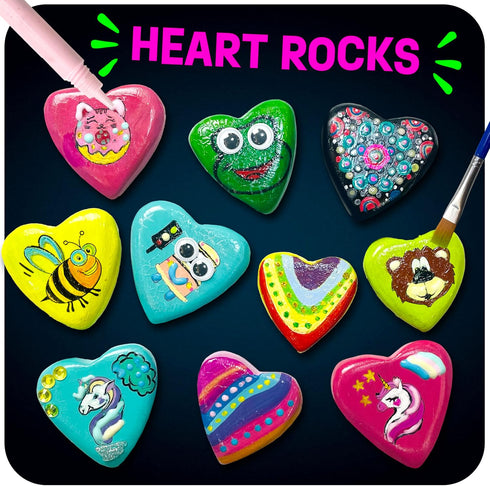 THE SCHOLAR ANT 4-12 Set Hearts Rock Painting Kit for Kids Girls - Glow in Dark Art Supplies Ages - Complete STEM Craft