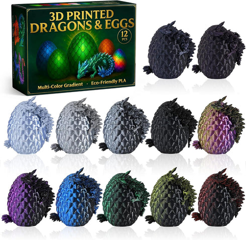 MiniMythos Toys 12 Pack 3D Printed Dragon Eggs with Dragons Inside, Articulated Crystal Dragons,