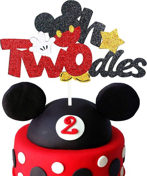 Glitter Twodles Cake Topper, Mouse Birthday Cake Decor for Second Birthday Party Supplies