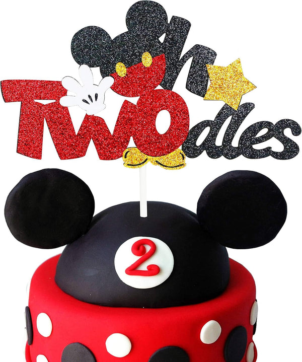 Glitter Twodles Cake Topper, Mouse Birthday Cake Decor for Second Birthday Party Supplies