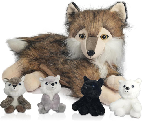 5 Pcs Wolf Plush Set, 16 Inch Stuffed Animal with Mini Baby Wolves, Soft Plushie for Birthday Party Favors