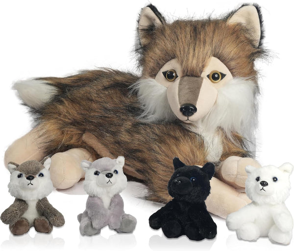 5 Pcs Wolf Plush Set, 16 Inch Stuffed Animal with Mini Baby Wolves, Soft Plushie for Birthday Party Favors