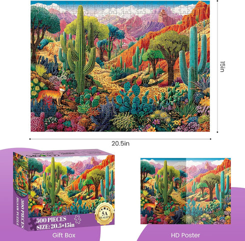DAGIRT 500 500 20.5 15 Piece Jigsaw Puzzles for Adults, Colorful Desert Piece Puzzle, Vibrant Landscape with Cacti, Fox