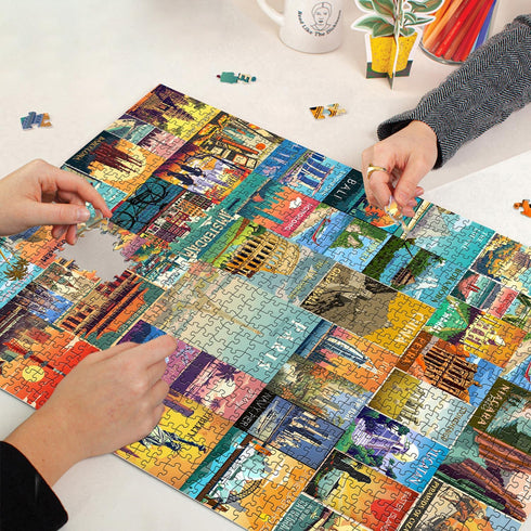 Vintage World Travel Puzzles for Adults 1000 Piece, Colosseum Eiffel Tower Landscape Poster Puzzle