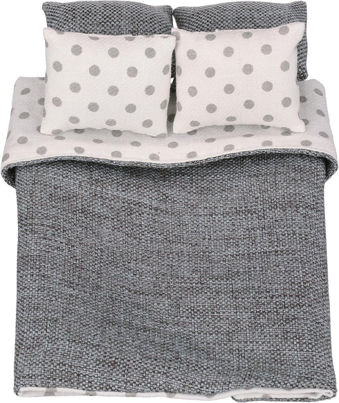 Dollhouse Bedding 5 Piece Set with Comforter & Pillows, Realistic Bedroom Accessories for 6 inch Dolls, Gray and White