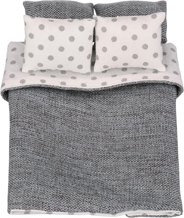 Dollhouse Bedding 5 Piece Set with Comforter & Pillows, Realistic Bedroom Accessories for 6 inch Dolls, Gray and White
