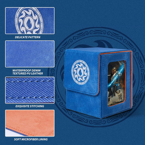 MTG Deck Box with Commander Display for 120+ Single Sleeved Cards - Denim Magnetic Card Storage Box