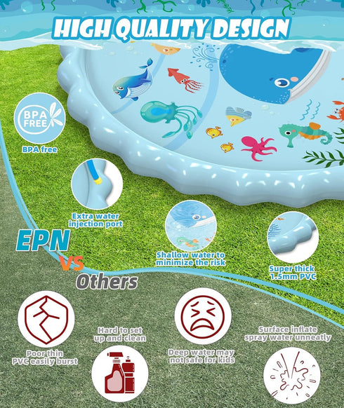 Summer 3-12 (102.3") EPN Splash Pad, Extra Large Sprinkler Play Mat Fun for Kids, Thicker Outdoor Water Toys Toddler
