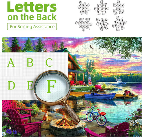 1000 Sunset Piece Puzzle for Adults Lakeside Log Cabin Jigsaw Adult Puzzles with Fire Pit & Dock Lake Landscape Puzzle