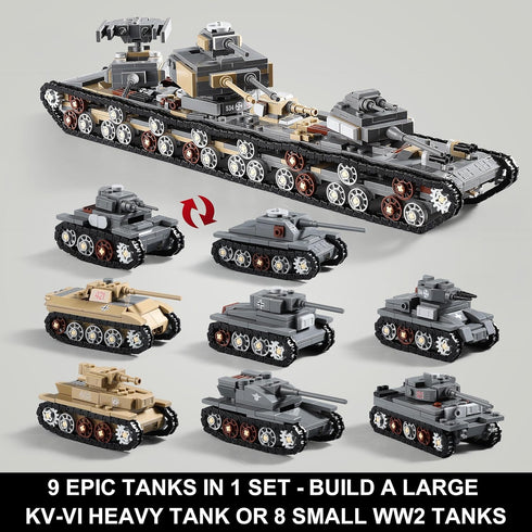 MISTBUY 1165-Piece WW2 Sets 8 Set Army Tank Toys Building Compatible with Lego, Create A Large KV-VI Military Models