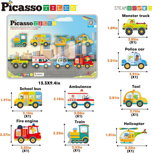 PicassoTiles 8pc Magnet Building Blocks Metro City, Vehicle Magnetized Action Figures, STEAM Educational Toys