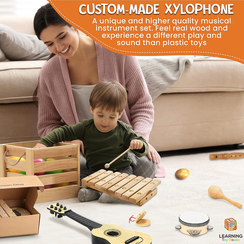 7-Piece Set 3+ Wooden Musical Instruments for Toddlers Kids Music with Xylophone, Guitar & Percussion | Natural Wood