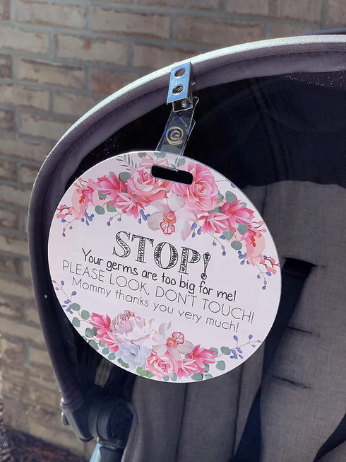 (Three Little Tots) Baby Safety No Touching Car Seat and Stroller TWO PACK – Car Seat Sign, Stroller Sign, Newborn Tag