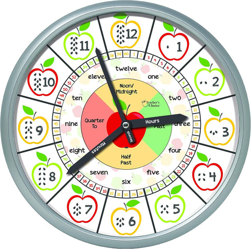 Educational Silent Movement Wall Clock for Teacher's Classrooms and Kid's Bedrooms (Silver/Multicolor Apple)