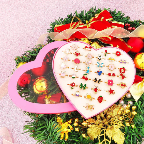 36 pcs Adjustable Rings in Box, Children Kids Little Girl Pretend Play Jewelry Set with Heart Shape Display Case