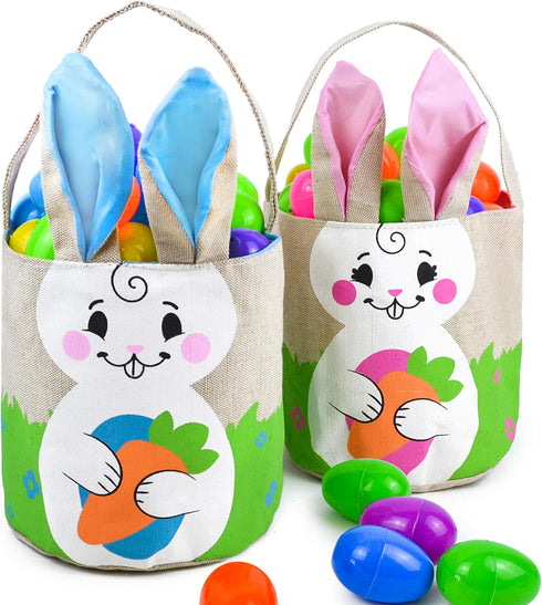 2 Set Boys(16"X7.5") JOYIN PCS Easter Bunny Burlap Basket Easter Eggs Hunt Basket Canvas Gift Tote Bag Buckets